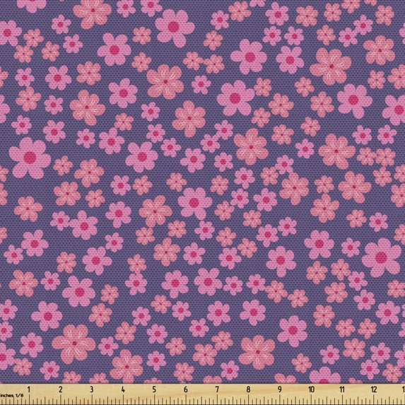 Floral Upholstery Fabric by the Yard, Feminine Composition with Blossoming Petals Spring Celebration Illustration, Decorative Fabric for DIY and Home Accents, Purple Pink Coral by Ambesonne