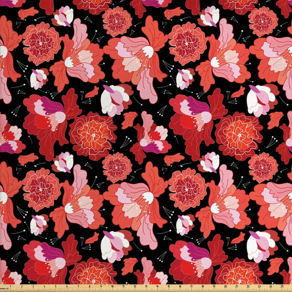 Floral Upholstery Fabric by the Yard, Flourishing Flowers Summer Garden Botany Concept Abstract Illustration, Decorative Fabric for DIY and Home Accents, Coral Pink Black by Ambesonne