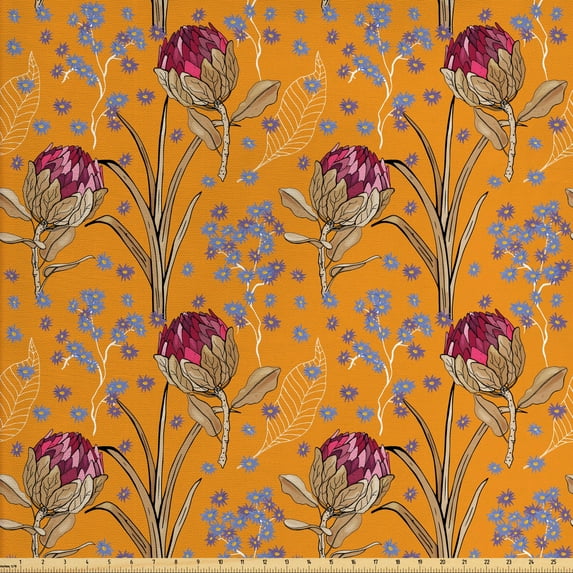 Floral Upholstery Fabric by the Yard, Flowers Blooming with Long Leaves in Retro Tones, Decorative Fabric for DIY and Home Accents, Marigold Camel by Ambesonne