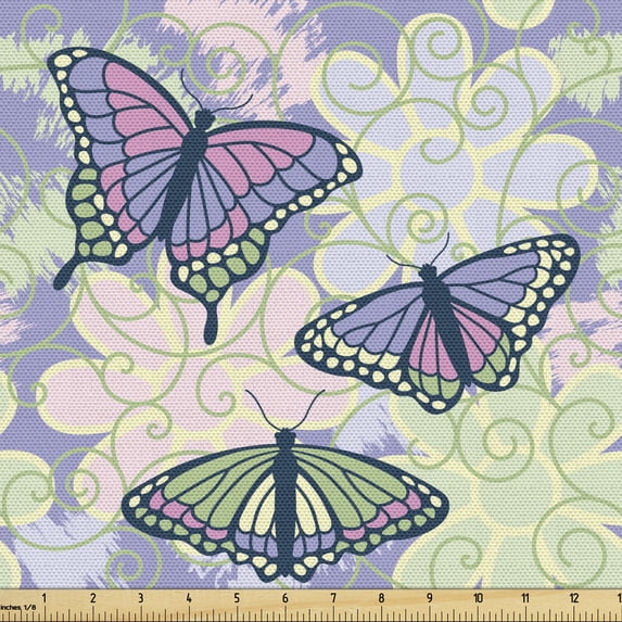 Ambesonne Floral Fabric by the Yard Upholstery, Butterflies on Grunge Back, 5 Yards, Ceil Blue and Multicolor