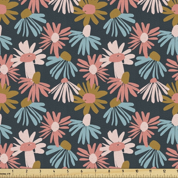 Floral Upholstery Fabric by the Yard, Graphical Doodle Style Burgeoning Flowers Drawn by Hand, Decorative Fabric for DIY and Home Accents, Multicolor by Ambesonne