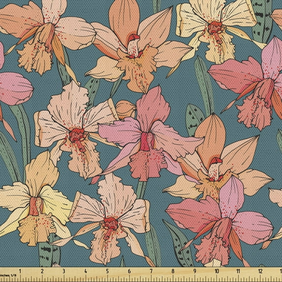 Ambesonne Floral Fabric by the Yard Upholstery, Graphical Orchid Flowers, 1 Yard, Slate Blue Coral Salmon