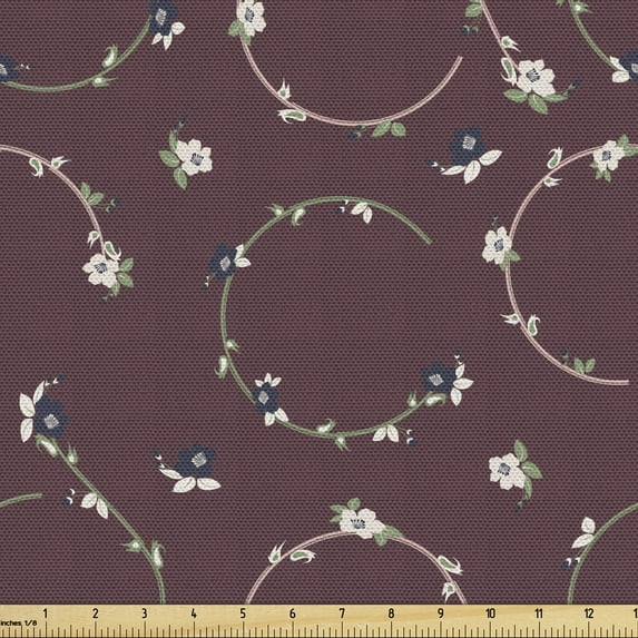 Ambesonne Floral Fabric by the Yard Upholstery, Ornate Floral Wreath Like, 3 Yards, Dark Mauve and Green