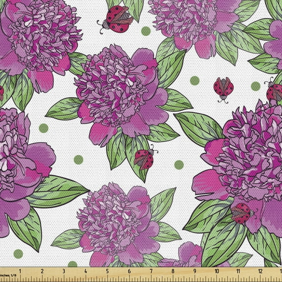 Floral Upholstery Fabric by the Yard, Illustration of Pink Peony Flower Ladybug Print on Plain Background, Decorative Fabric for DIY and Home Accents, Pink and Pistachio Green by Ambesonne