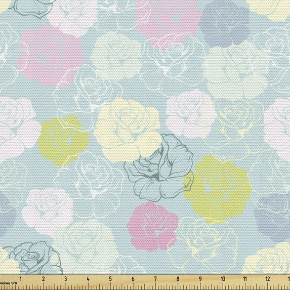 Ambesonne Floral Fabric by the Yard Upholstery, Pastel Colored Rose Flowers, 1 Yard, Pale Blue and Multicolor
