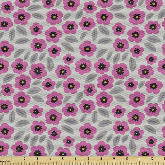 Floral Upholstery Fabric by the Yard, Image of Poppy Flowers and Greyscale Leaves in Repeated Pattern, Decorative Fabric for DIY and Home Accents, Pale Taupe and Pale Fuchsia by Ambesonne