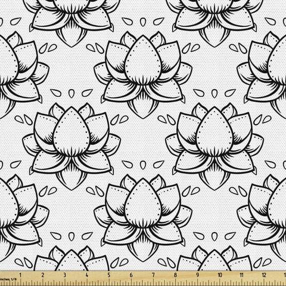 Floral Upholstery Fabric by the Yard, Monochrome Lotus Flowers Flora Harmony Balance Ayurveda, Decorative Fabric for DIY and Home Accents, Charcoal Grey and White by Ambesonne