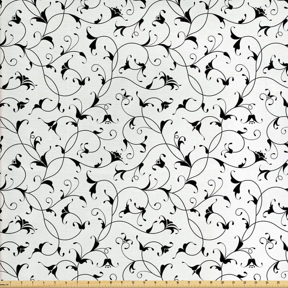 Ambesonne Floral Fabric by the Yard Upholstery, Oriental Leaf Designs, 3 Yards, White Black