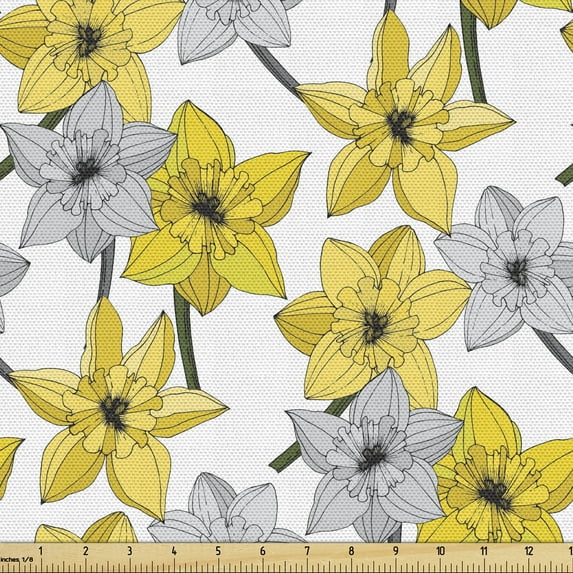 Ambesonne Floral Fabric by the Yard Upholstery, Blooming Narcissus Flowers, 10 Yards, Earth Yellow Pale Grey