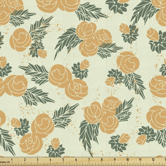 Ambesonne Floral Fabric by the Yard Upholstery, Romantic Roses Leaves Images, 3 Yards, Pale Orange and Reseda Green