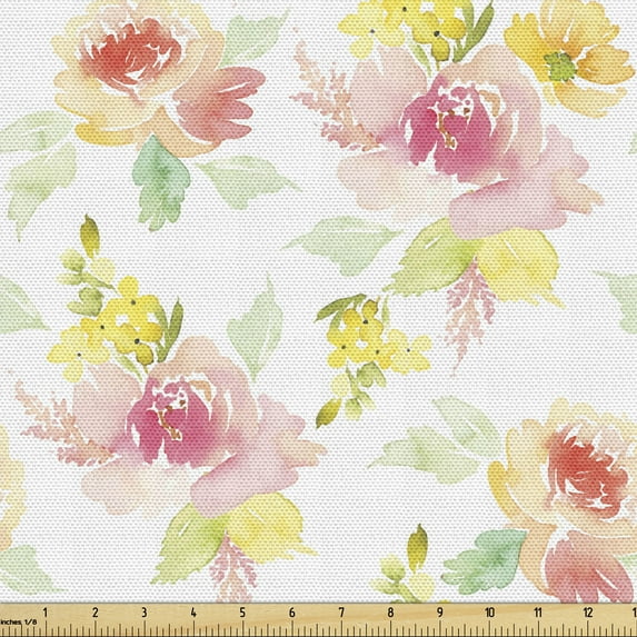 Ambesonne Floral Fabric by the Yard Upholstery, Pinkish and Peachy Spring, 10 Yards, White Multicolor