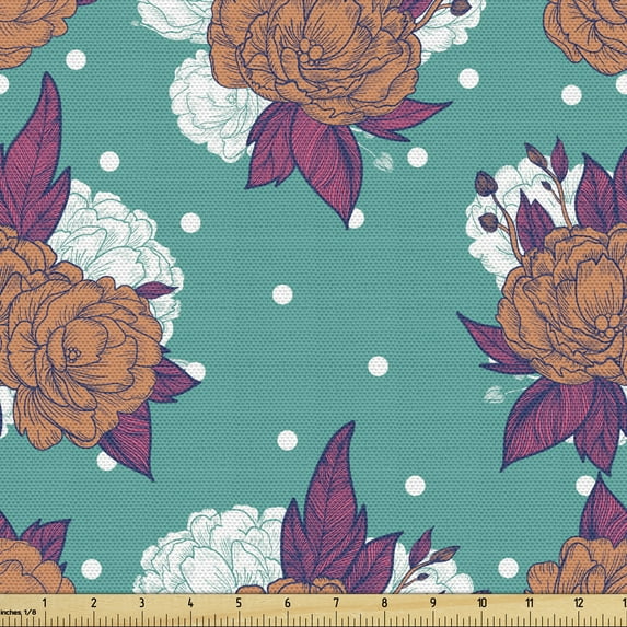 Floral Upholstery Fabric by the Yard, Peony Bouquet Celebration Themed Illustration on Dotted Vintage Style Background, Decorative Fabric for DIY and Home Accents, Multicolor by Ambesonne