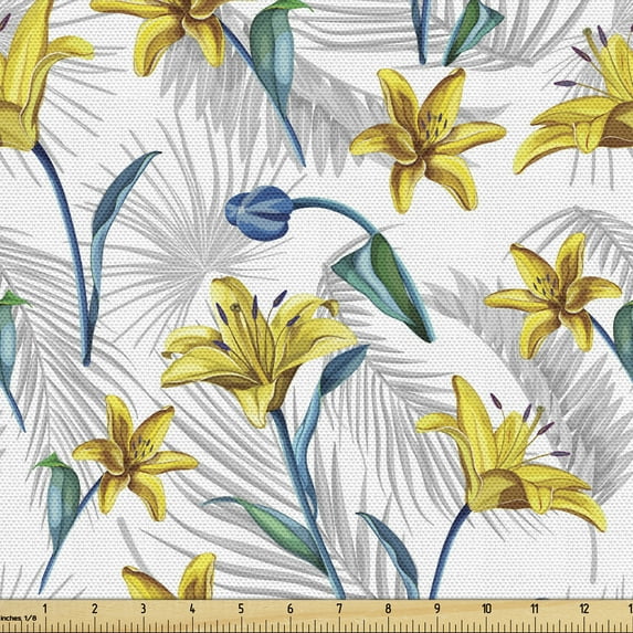 Ambesonne Floral Fabric by the Yard Upholstery, Lily Blossom Flowers, 1 Yard, Multicolor