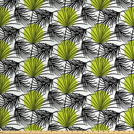 Floral Upholstery Fabric by the Yard, Repeated Pattern of Palm Tree Leaves and Large Polka Dots on Background, Decorative Fabric for DIY and Home Accents, White and Yellow Green by Ambesonne