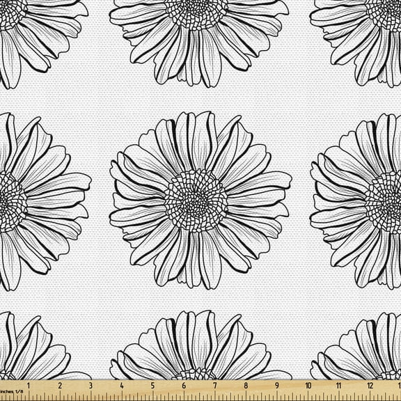 Ambesonne Floral Fabric by the Yard Upholstery, Detailed Aster Flowers, 1 Yard, Charcoal Grey and White