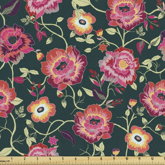 Floral Upholstery Fabric by the Yard, Repetitive Fall Season Colorful Bold and Exotic Flowers Botanical Elements, Decorative Fabric for DIY and Home Accents, Dark Teal and Pink by Ambesonne