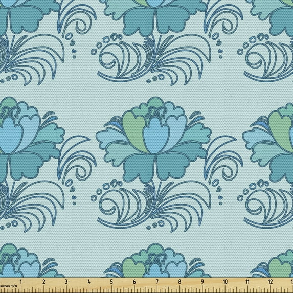 Ambesonne Floral Fabric by the Yard Upholstery, Repetitive Lotus Flowers, 1 Yard, Pale Blue and Multicolor