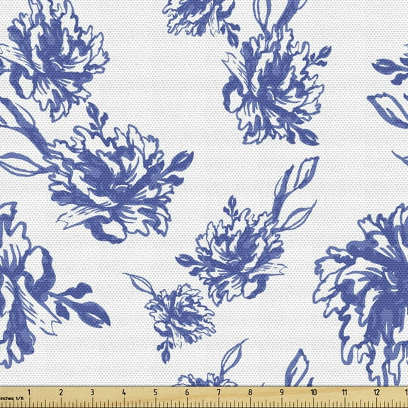 Ambesonne Floral Fabric by the Yard Upholstery, Blue Peonies Blossom Art, 1 Yard, Violet Blue White