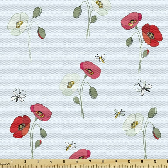 Ambesonne Floral Fabric by the Yard Upholstery, Flowers Butterflies Motif, 10 Yards, Pale Blue Pale Ruby