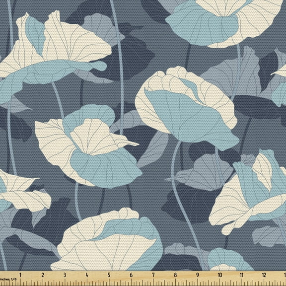 Floral Upholstery Fabric by the Yard, Rhythmic Pastel Tones Poppies Flowers Illustration, Decorative Fabric for DIY and Home Accents, Slate Blue Multicolor by Ambesonne