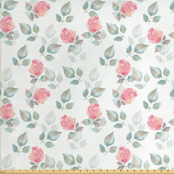 Ambesonne Floral Fabric by the Yard Upholstery, Rose Petals Blossoms, 3 Yards, Pale Pink Turquoise
