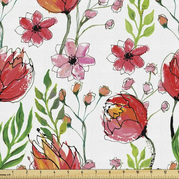Ambesonne Floral Fabric by the Yard Upholstery, Scribbled Flowers and Leaves, 1 Yard, Pink Green