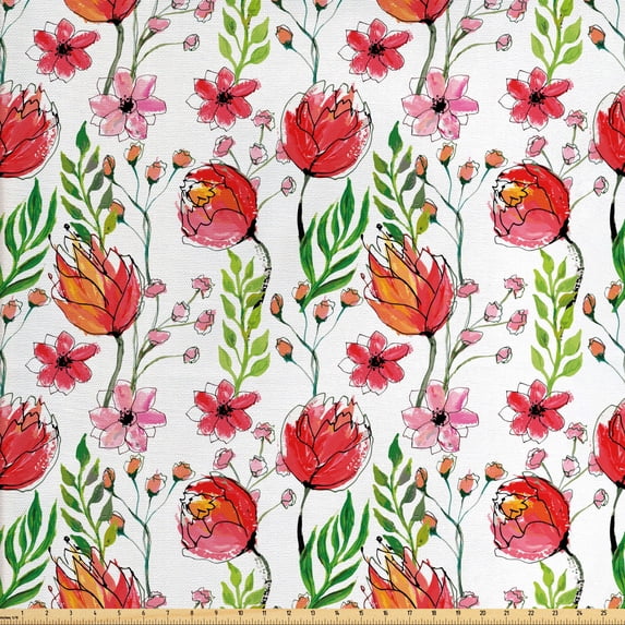 Ambesonne Floral Fabric by the Yard Upholstery, Scribbled Flowers and Leaves, 2 Yards, Pink Green