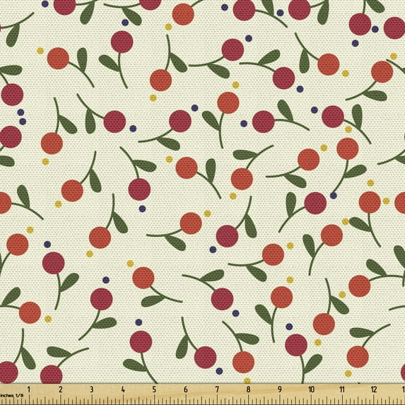 Floral Upholstery Fabric by the Yard, Simple Depiction of Circle Shaped Flowers and Polka Dots Art Print, Decorative Fabric for DIY and Home Accents, Ivory Olive Green Scarlet by Ambesonne