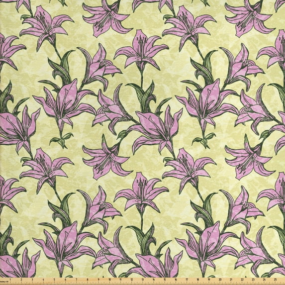 Floral Upholstery Fabric by the Yard, Sketchy Illustration of Blooming Lilies Pattern with Grunge Effect, Decorative Fabric for DIY and Home Accents, Pale Green Dark Green by Ambesonne