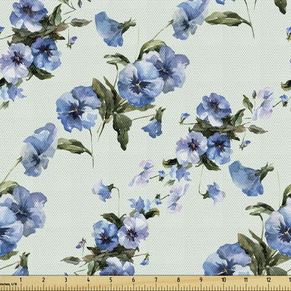 Floral Upholstery Fabric by the Yard, Spring's Blossoms Garden of the Orderly Repeated Pattern Illustration, Decorative Fabric for DIY and Home Accents, Pastel Green Violet Blue by Ambesonne