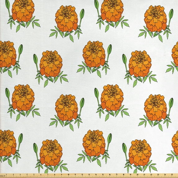 Floral Upholstery Fabric by the Yard, Tagetes Flower on a Plain Background, Decorative Fabric for DIY and Home Accents, White Orange Fern Green by Ambesonne