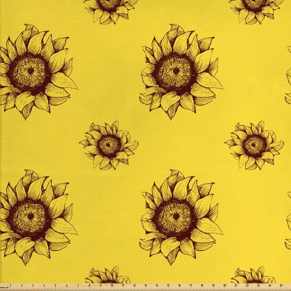 Ambesonne Floral Fabric by the Yard Upholstery, Sun Flowers Hand Drawn Like, 2 Yards, Dark Maroon and Mustard