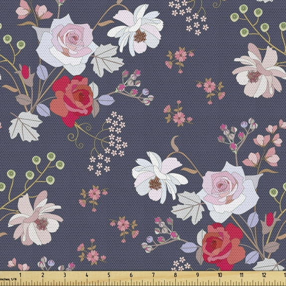 Ambesonne Floral Fabric by the Yard Upholstery, Vintage Style Flower Bouquet, 5 Yards, Dark Indigo and Multicolor