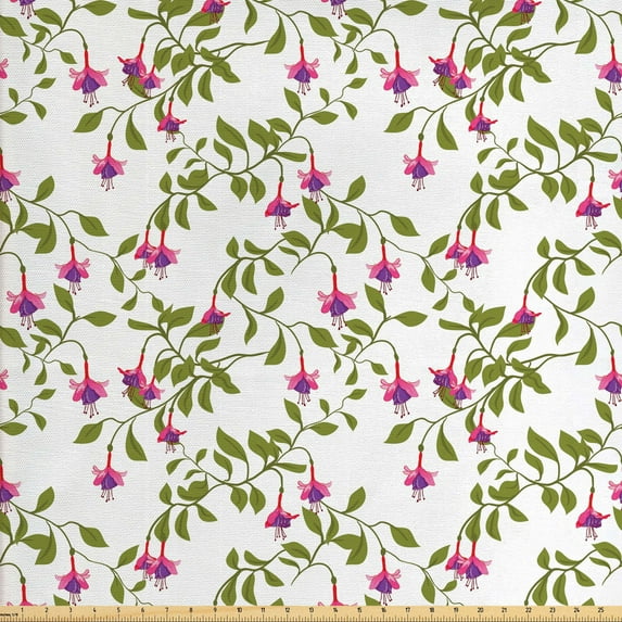 Floral Upholstery Fabric by the Yard, Vintage Pattern with Fuchsia Flower and Blossoming Spring Foliage, Decorative Fabric for DIY and Home Accents, Olive Green Pink by Ambesonne