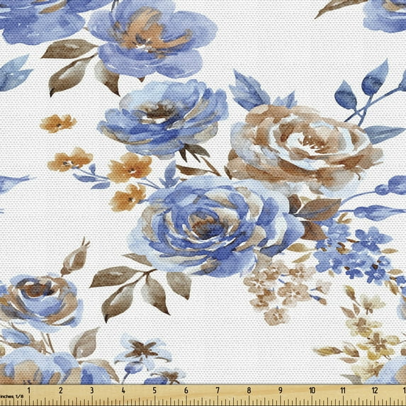 Ambesonne Floral Fabric by the Yard Upholstery, Watercolor Rose Violet Twigs, 10 Yards, White Multicolor