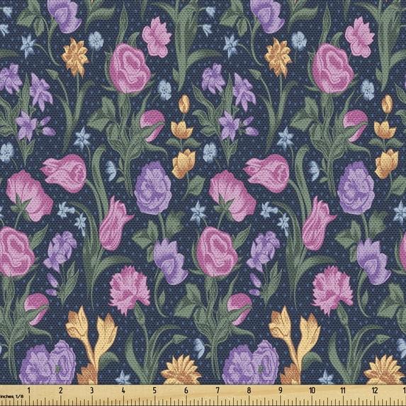 Floral Upholstery Fabric by the Yard, Wavy Thin Leaf Pinky Tulips Violet Pansy Flowers on Violet Polka Dotted Background, Decorative Fabric for DIY and Home Accents, Multicolor by Ambesonne