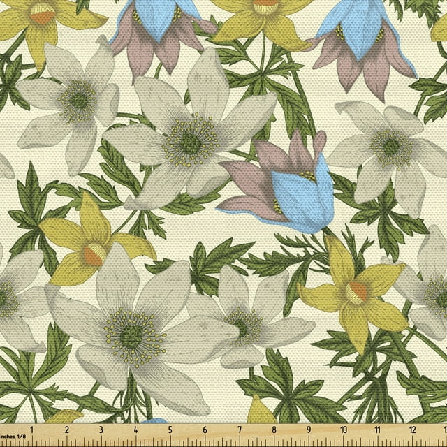 Ambesonne Floral Fabric by the Yard Upholstery, Flowers on Cream Background, 10 Yards, Cream Multicolor