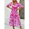 thumbnail image 1 of Floral V Neck Elastic Waist Dress, Fuchsia, Small, 1 of 5
