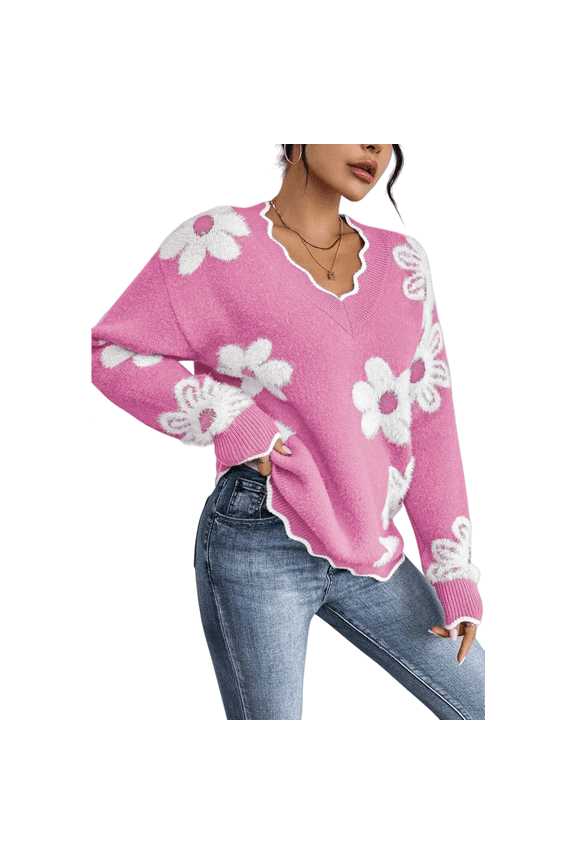 Floral V-Neck Oversized Sweater for Women, Daisy Knit Pullover, Soft Fuzzy Loose Fit Long Sleeve Top, Cozy Fall Winter Casual Trendy Chic Style