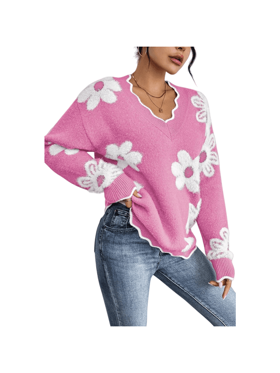 Floral V-Neck Oversized Sweater for Women, Daisy Knit Pullover, Soft Fuzzy Loose Fit Long Sleeve Top, Cozy Fall Winter Casual Trendy Chic Style