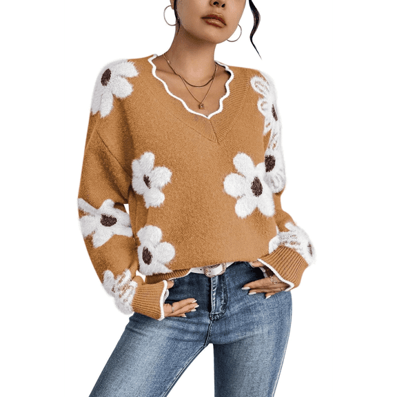 Floral V-Neck Oversized Sweater for Women, Daisy Knit Pullover, Soft Fuzzy Loose Fit Long Sleeve Top, Cozy Fall Winter Casual Trendy Chic Style