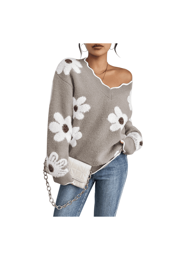 Floral V-Neck Oversized Sweater for Women, Daisy Knit Pullover, Soft Fuzzy Loose Fit Long Sleeve Top, Cozy Fall Winter Casual Trendy Chic Style