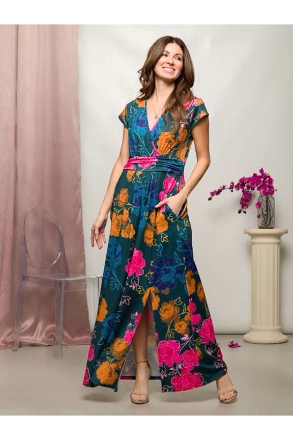 Floral V Neck Side Slit Pocket Maxi Dress