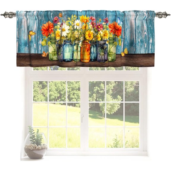 Floral Valance Curtains 54"x18" Mason Jar Wildflower Kitchen Window Curtains Rustic Farmhouse Daisy Flower Spring Summer Small Window Treatment Rod Pocket Valance for Living Room Decor