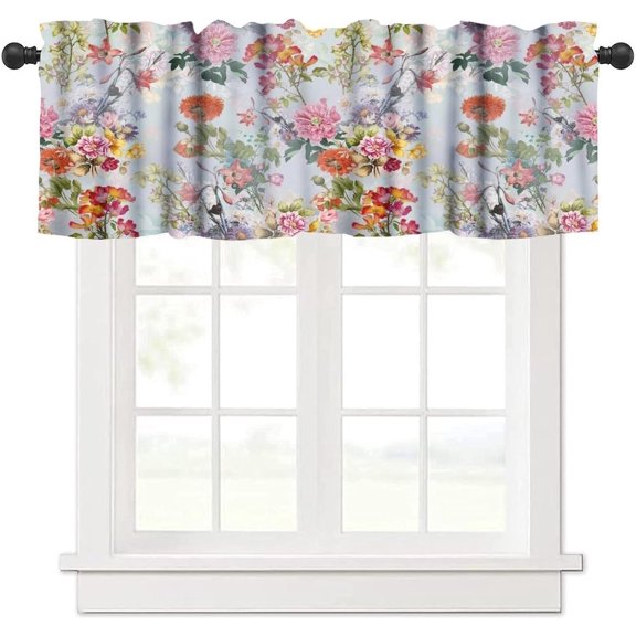 Floral Valance Curtains,Retro Colorful Boho Flowers Plants Spring Print Short Drapes for Kitchen Bedroom Cafe Window Treatment 1 Panel 54" W x 18" L Inch