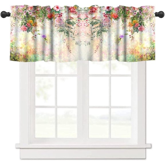 Floral Valance Curtains,Spring Colorful Flowers Plants Short Drapes for Kitchen Bedroom Cafe Window Treatment 1 Panel 54" W x 18" L Inch