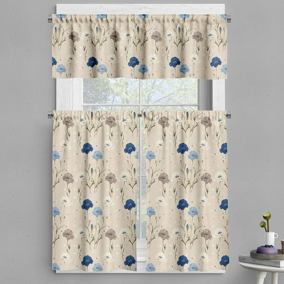 Floral Valance & Tier Curtain 3 pcs Set, Vintage Delicate Cottagecore Flowers in Pastel Tones and Plain Back, Window Treatments for Kitchen Room Decor, 55" x 24", Beige Night Blue Dark Tan
