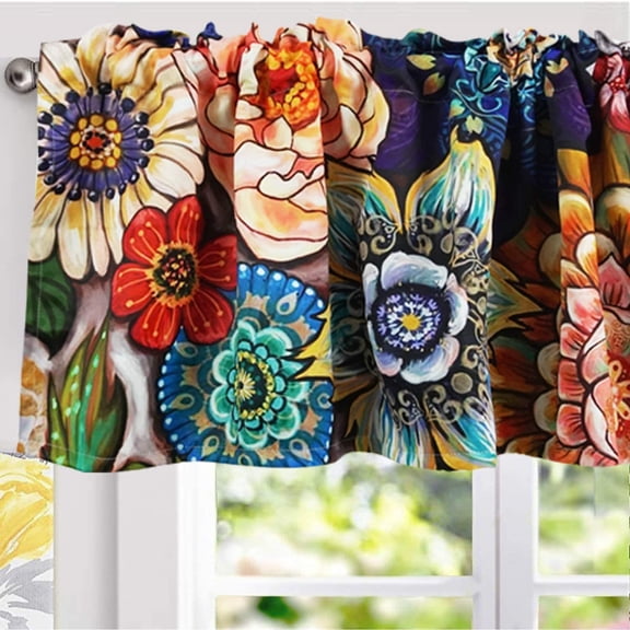Floral Valances for Windows 18L Room Darkening Tribal Chic Boho Valance Curtains Blackout Window Treatments for Kitchen Bedroom Living Room Decors (W52 x L18, Colorful)