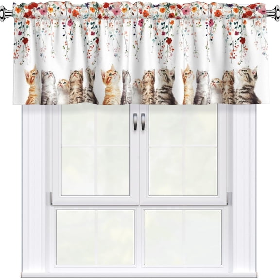 Floral Valances for Windows - Cute Cats Cafe Curtains Kittens with Flowers Short Curtains for Living Room Bathroom Bedroom Basement