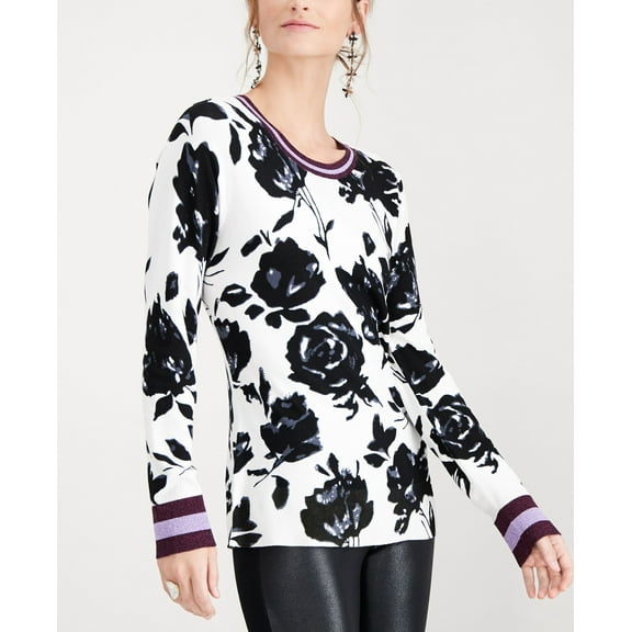 Floral Varsity Stripe Pullover Sweater Washed White L